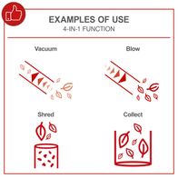 4-in-1 functions for leaf blower and vacuum: Suction, Blowing, Shredding, Collection