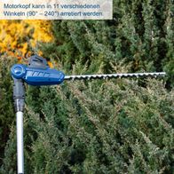 Der Motorkopf der Akku-Teleskop-Heckenschere C-PHS410-X kann in 11 verschiedenen Winkeln (90° – 240°) arretiert werden.