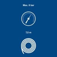 Technische Daten: Maximal 8 bar Druck, 7,5 Meter Saugkraft