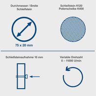 Der Schleifstein hat einen Durchmesser von 75 mm und eine Breite von 20 mm. Der Schleifstein K120 und die Polierscheibe K400 sind verfügbar. Die Schleifsteinaufnahme beträgt 10 mm und die Drehzahl ist variabel von 0 bis 11000 U/min.