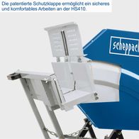 Die patentierte Schutzklappe der Wippsäge HS410 ermöglicht sicheres und komfortables Arbeiten. Sie schützt vor Verletzungen und erhöht die Präzision.