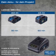 Das Ladegerät SBC4.5A von Scheppach lädt einen 2,0 Ah Akku in 35 Minuten und einen 4,0 Ah Akku in 60 Minuten. Die Laufzeit und Leistung können durch äußere Gegebenheiten variieren.