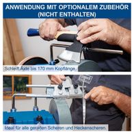 Das Nass-Schleifsystem TIGER 7000S Scheppach kann Äxte bis 170 mm Kopflänge schleifen und ist ideal für alle geraden Scheren und Heckenscheren. Optional kann Zubehör verwendet werden, das nicht im Lieferumfang enthalten ist.