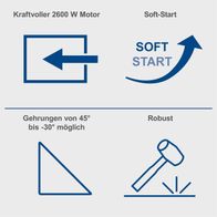 Motorleistung und sanfter Start für Metall-Trennschneider; Neigungswinkel von 45° bis -30°