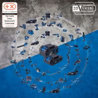 Set mit Akku-Gras- und Strauchscheren sowie verschiedenen Werkzeugen für Gartenarbeit und Heimwerkerprojekte, inklusive Batteriepack und Plus-Set für die 20V-Plattform.