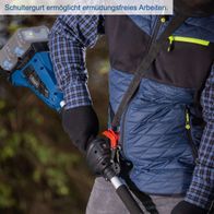 Schultergurt für ergonomisches Tragen des Akku-Multifunktionsgeräts mit Halterung für Akkus und Werkzeug.