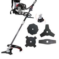 Freischneider BCH5300BP von Scheppach mit Zubehörteilen wie Schneidblättern und Messern. Der Freischneider ist von der Seite zu sehen.