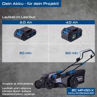 Der Akku-Rasenmäher BC-MP430-X von Scheppach. Laufzeit: 2,0 Ah (30 min) und 4,0 Ah (60 min). Die tatsächliche Laufzeit kann je nach Akkuladung und äußeren Gegebenheiten variieren.