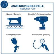 Der Kompressor HC53DC von Scheppach eignet sich für Nageln/Tackern, Druckluft-Schlagschrauber, Farbspritzpistole und Reifenfüllen (geeicht).