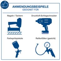 Illustration mit Anwendungsbeispielen für Werkzeuge: Nägeln/Tackern, Farbspritzpistole, Luftpistole, Reifenfüllen und Druckprüfung
