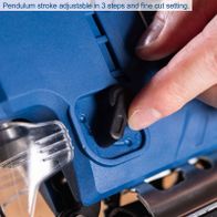 The Scheppach C-JS220-X cordless jigsaw features an adjustable pendulum stroke in 3 steps and a fine cut setting for precise cuts.