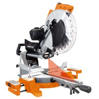 Kappzugsäge KZS-RI2100 primaster Globus. Frontansicht des Werkzeugs mit orangefarbenem Standfuß. Die Säge hat einen transparenten Schutzdeckel und einen schwarzen Motor.