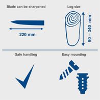 The Scheppach Wall-Mounted Kindling Splitter features a blade length of 220 mm and is suitable for logs sized 90-340 mm. It offers safe handling, easy mounting, and the ability to sharpen the blade.