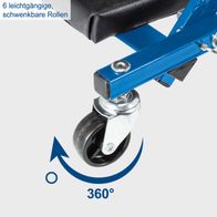 Die 2-in-1 KFZ-Rollliege Scheppach verfügt über 6 leichtgängige, schwenkbare Rollen, die sich 360° drehen lassen.