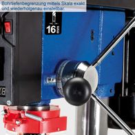Die Tischbohrmaschine DP18 Vario von Scheppach bietet eine präzise und wiederholgenaue Bohrtiefenbegrenzung mittels Skala. Die maximale Bohrtiefe beträgt 16 mm.