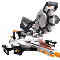 Kappzugsäge SL99LXU Woodster von Scheppach, seitliche Ansicht. Die Säge ist in einem klaren Zustand und zeigt die präzise Mechanik und Skala.