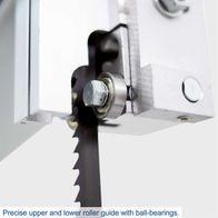 The Bandsaw HBS400 by Scheppach features a precise upper and lower roller guide with ball bearings for stable and accurate band saw blade guidance.