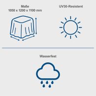 Abdeckhaube mit Maßen 1050 x 1200 x 1100 mm, wasserfest und UV30-resistent.