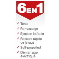 Der Scheppach 6 GEN1 bietet Tonte, Ramassage, seitliche Auswurf, schneller Anschluss zum Waschen, selbstantriebend und elektrischen Start.