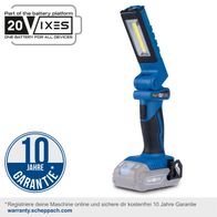 Die Akku-Arbeitsleuchte C-WL20-X-Set S von Scheppach bietet 10 Jahre Garantie bei Online-Registrierung. Teil des 20VIXES Akkusystems für alle Geräte.