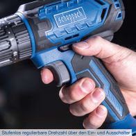 Die Akku-Schlagbohrmaschine C-CD45-X von Scheppach bietet eine stufenlos regulierbare Drehzahl über den Ein- und Ausschalter. Sie verfügt über 19+1 Drehmomentstufen und ein Drehmoment von 45Nm. Die 3in1-Funktion macht sie vielseitig einsetzbar.