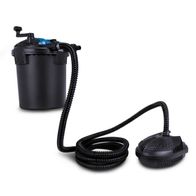 Teichdruckfilter Set PFS8000 mit 2500 L/h Fördermenge, 11 W UV-C Lampe und Teichfilter. Enthält Filtergehäuse, Schlauch und Ausströmplatte.