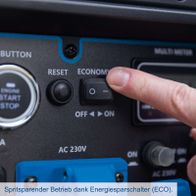 Inverter-Benzin-Stromerzeuger mit ECO-Modus-Energiesparschalter, Steuerknauf für Start/Stop, 230V-Ausgänge und Reset-Funktion