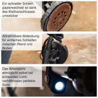 Der Schleifpapierwechsel ist dank des Klettverschlusses schnell und einfach. Die abnehmbare Abdeckung ermöglicht einfaches Schleifen zwischen Wand und Boden. Die Arbeitslicht sorgt für perfekte Sicht auch bei schlechten Lichtverhältnissen.
