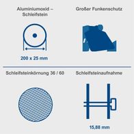 Der Doppelschleifer BG200 von Scheppach verfügt über einen Aluminiumoxid-Schleifstein mit den Maßen 200 x 25 mm und einer Körnung von 36/60. Er bietet einen größeren Funkenschutz und eine Schleifsteinaufnahme mit 15,88 mm Durchmesser.
