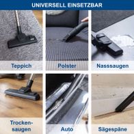 Versiegelte Übersicht der universellen Akkuschlauchreinigungsfunktionen für Scheppach-Produkte: Teppich, Polster, Nasssaugen, Trockensaugen, Auto, Sägespäne