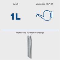 Hydrauliköl-Hinweise: 1 Liter Inhalt, Viskosität HLP 32, praktische Füllstandanzeige mit Messstab