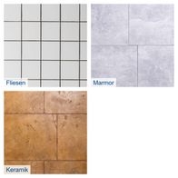 Materialvergleiche für Fliesen-, Marmor- und Keramikschneiden mit geometrischen Mustern und realen Oberflächenbeispielen