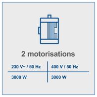 Rocking log saw HS550 with two motorization options: 230 V~ / 50 Hz or 400 V / 50 Hz, each with 3000 W power.
