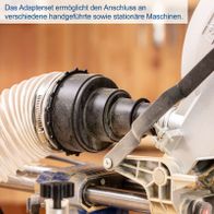 Das Adapterset ermöglicht den Anschluss an verschiedene handgeführte sowie stationäre Maschinen. Es umfasst sechs verschiedene Adapter für flexible Nutzung.