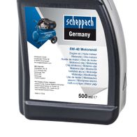 Scheppach Motorenöl Ultra Performance Longlife SAE 5W-40. Eine 500 ml Flasche mit schwarzem Deckel und Etikett. Ein Kompressor ist auf dem Etikett abgebildet.