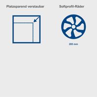 Die Kehrmaschine S800 von Scheppach ist platzsparend verstaubar und verfügt über Softprofil-Räder mit 205 mm Durchmesser.