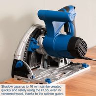 Scheppach PL55 plunge saw with 16 mm gap capability and splinter guard for veneered wood