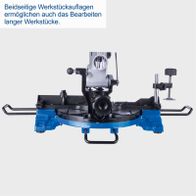 Die Kapp- und Gehrungssäge HM210L von Scheppach ermöglicht das Bearbeiten langer Werkstücke dank beidseitiger Werkstückauflagen.