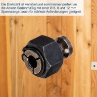 Die Drehzahl ist variabel und somit immer perfekt an die Anwendung angepasst. Serienmäßig mit einer Ø 6, 8 und 12 mm Spannzange. Auch für stärkste Anforderungen geeignet.
