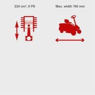 The petrol ride-on lawnmower MR225-61 has an engine capacity of 224 cm³ and a power output of 6 PS. The maximum width is 740 mm.