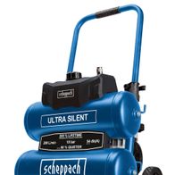 Scheppach Ultra-Silent Kompressor, 200 l/min, 10 bar, 54 dB(A), seitliche Ansicht.