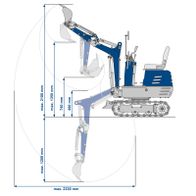 Technische Abmessungen des Scheppach Mini-Baggerns mit maximaler Auslegerlänge und Arbeitsradius
