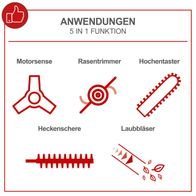 Multifunktionswerkzeug mit Illustrationen für Motorsense, Rasentrimmer, Hochentaster, Heckenschere und Laubbläser