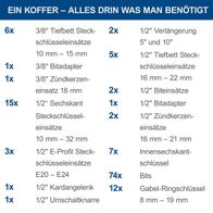 Werkzeugkoffer-Inhaltsliste mit Steckschlüsseln, Bits, Zündkerzen- und Bitadaptern für TB217-Scheppach-Set