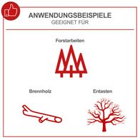 Illustration mit Anwendungsbeispielen für Forstarbeiten: Verholzung, Brennholzschneiden und Entasten von Bäumen