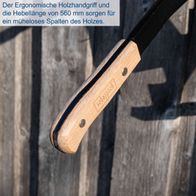Ergonomischer Holzhandgriff und Hebellänge von 560 mm für bequemes Spalten des Holzes