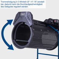 Das Rollsieb RS500 von Scheppach ermöglicht die Einstellung der Trommelneigung in drei Winkeln (0° / 4° / 8°), wodurch die Durchlaufgeschwindigkeit des Siebgutes reguliert werden kann. Die Trommel ist neigbar und verfügt über eine Fahrvorrichtung.
