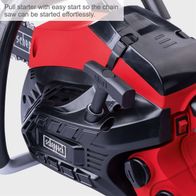 The petrol chainsaw PCS38 by Scheppach features an easy start mechanism for effortless starting.