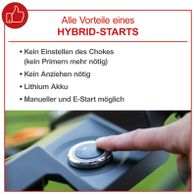 Beschreibung der Vorteile eines Hybridstarts für Scheppach-Benzinrasenmäher mit E-Start-Funktion und Lithium-Akku