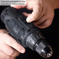 Drehzahlvoreinstellung über kraftvolles 2-Gang-Getriebe. Spannbereich 1,5-13mm, 50Nm Drehmoment, inkl. Bohrerset, Bits, 1x 2Ah Akku & Ladegerät + Koffer.